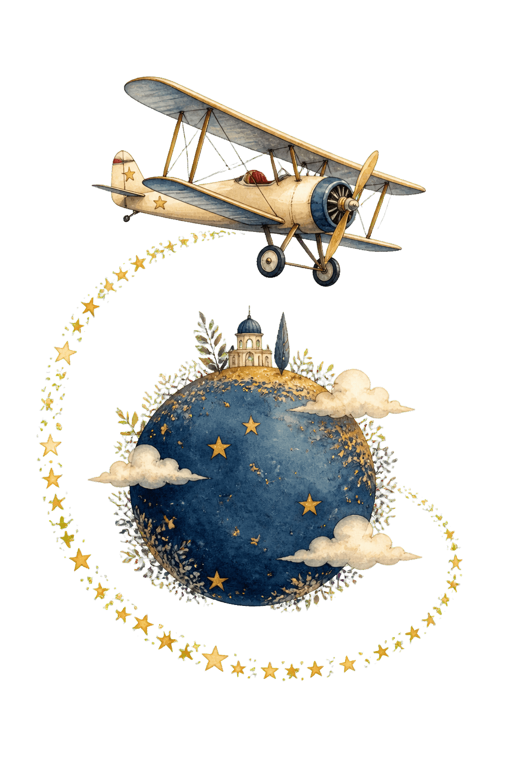 Avión de acuarela volando alrededor de un pequeño planeta