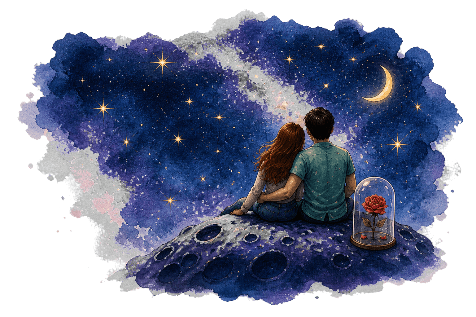 Lizeth y Sergio abrazados contemplando el cielo, junto a su rosa