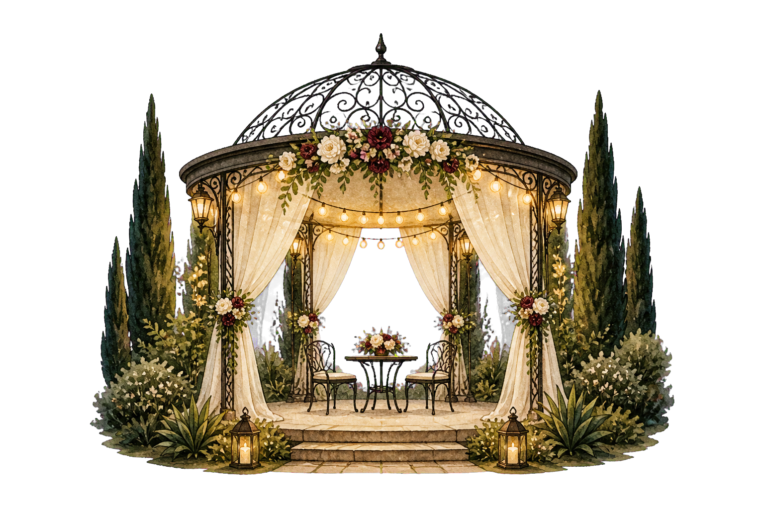 Ilustración en acuarela de una ceremonia civil en el jardín